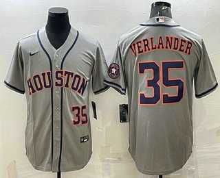 Mens Houston Astros #35 Justin Verlander Number Grey With Patch Stitched MLB Cool Base Nike Jersey